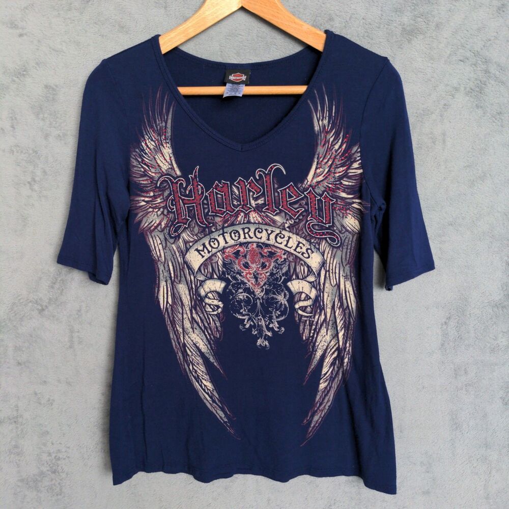 Harley Davidson T-Shirt Womens Medium Purple V-Neck Made in USA Wing Graphic